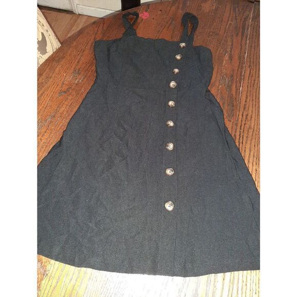 New XS Black Mini Sleeveless Sundress Off Set Faux Button Side Zip - Picture 1 of 3